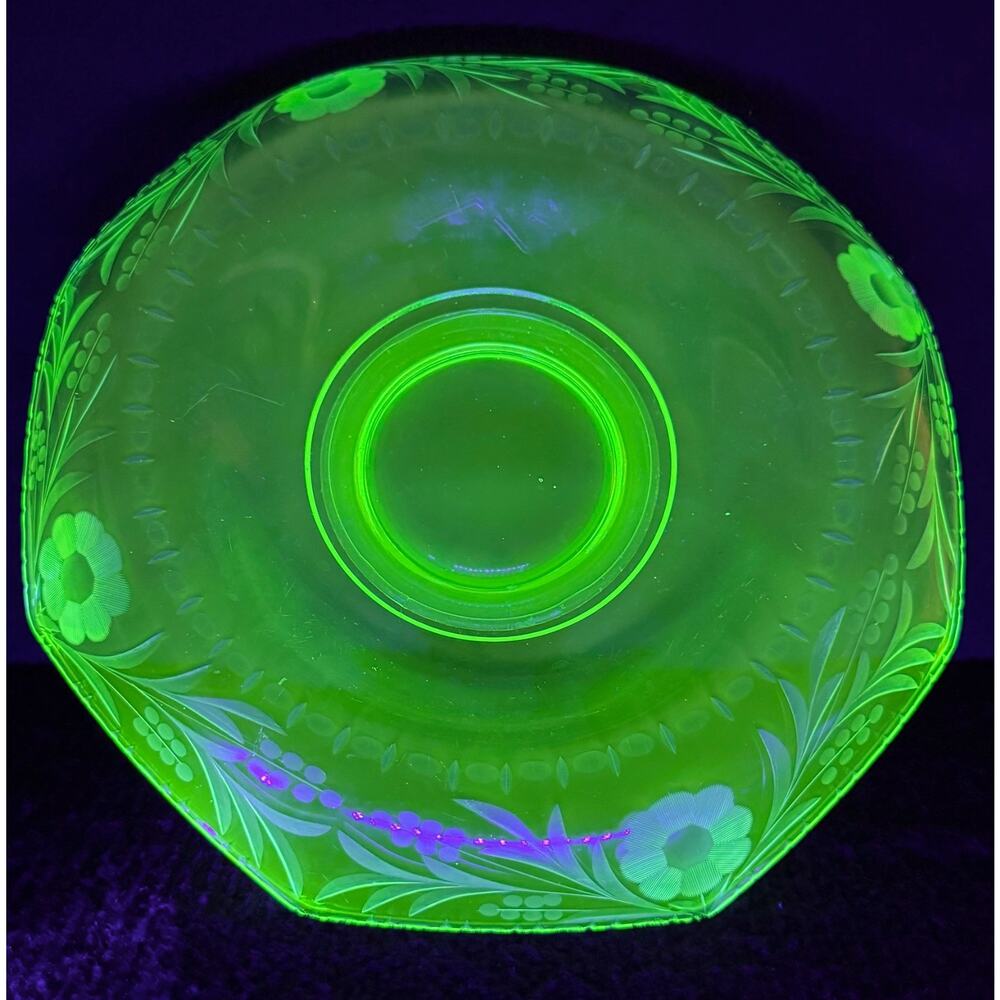 Uranium Glass Bowl Vaseline Glass Floral Etched Rolled Edge Glows Green UV 12in